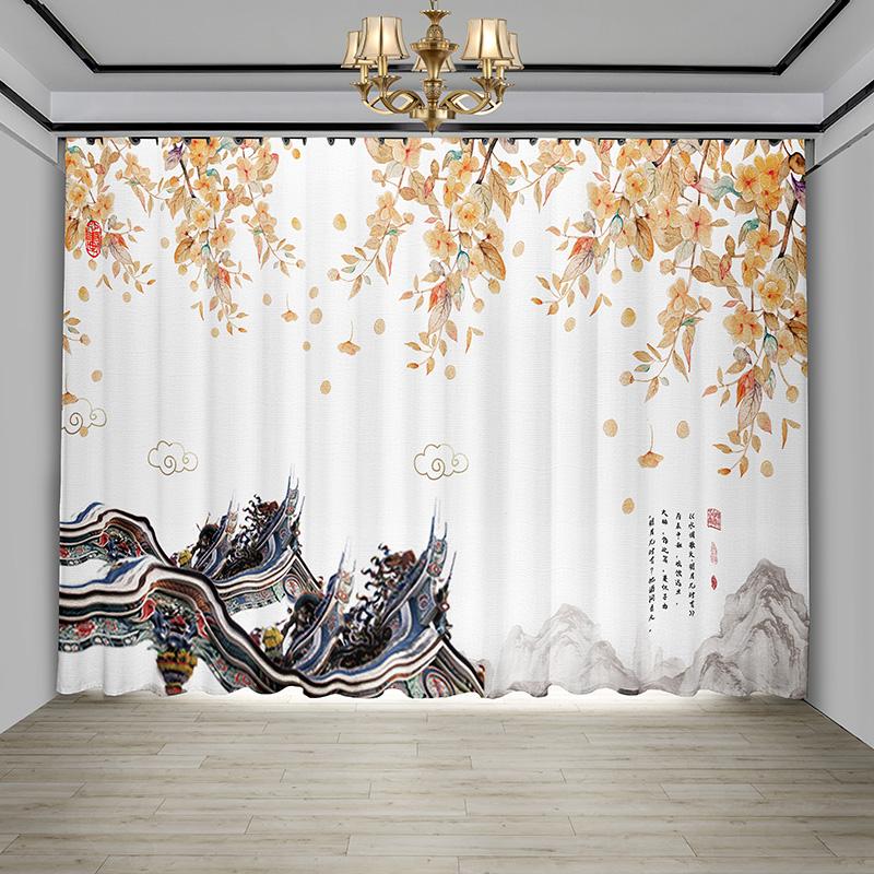 Nova cortina chinesa flor pássaro sala de estar flor borboleta paisagem tinta pintura janela tela cortina cortina chinesa 2 peças