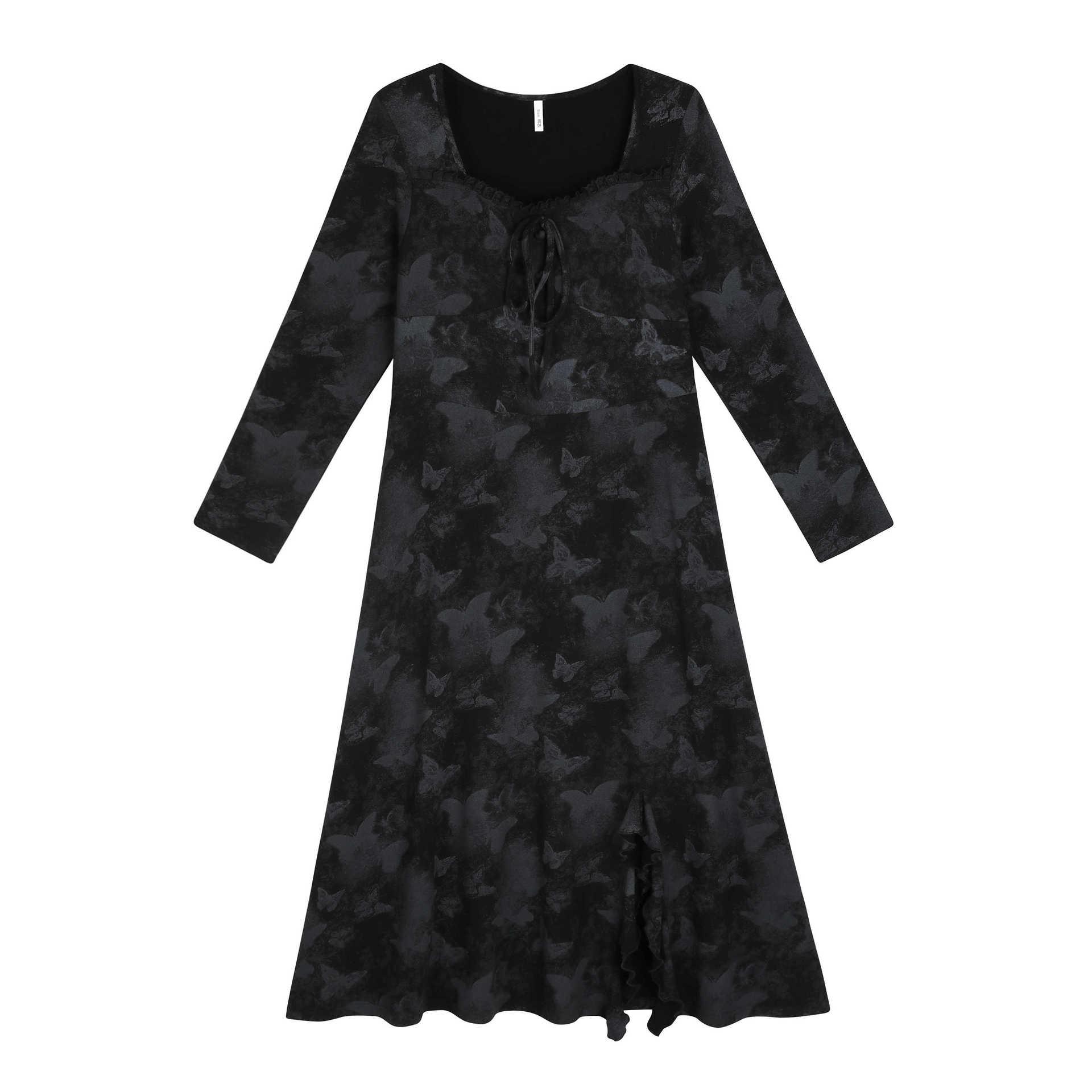 

Plus Size Retro Tie-Dye Butterfly Dress with Square Neck and Slit Hem 4XL (180-200 jin) чёрный