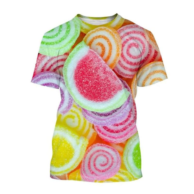 Candy 3D Printed Short Sleeved T-shirt Summer Breathable Polyester Simple Round Neck Top