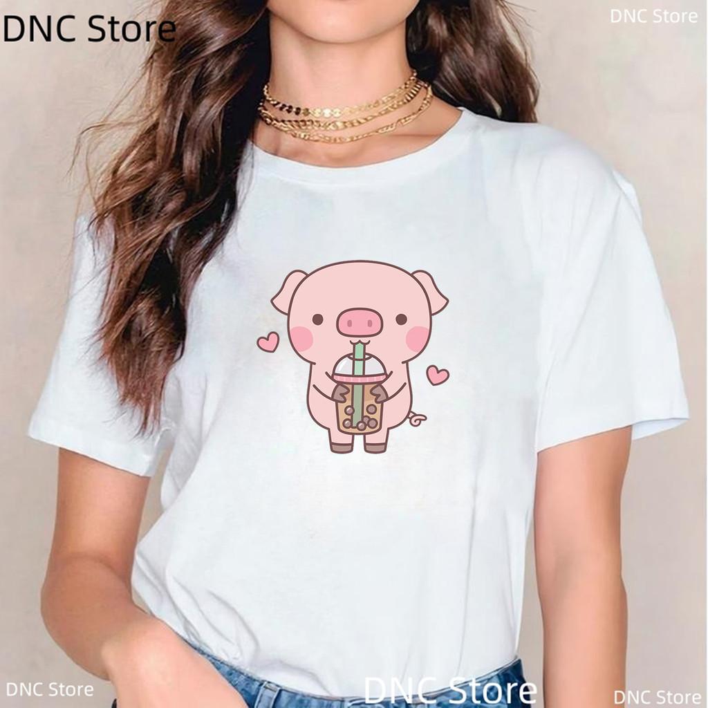 New Pink Pig Boba Tea Printed T Shirt Women Cartoon Animal T-shirt Casual Tops Bubble Tea Female Short Sleeve Streetwear Tshirt