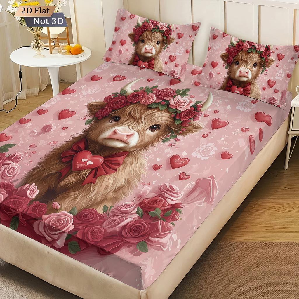 3pcs Valentine's Day Romantic Highland Cow Print coreless Bed Sheet Set Multiple Sizes Bed Cover Bedroom Bedding Decoration