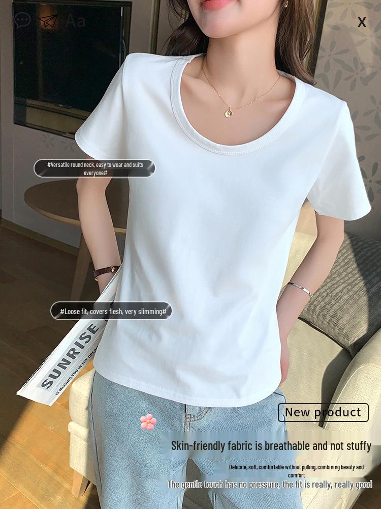 Damen U-Ausschnitt Baumwolle Kurzarm T-Shirt, Einfarbige, Lockere Passform, Schlankmachend, Koreanischer Stil, Frühjahrs-/Sommerkollektion (K3017)