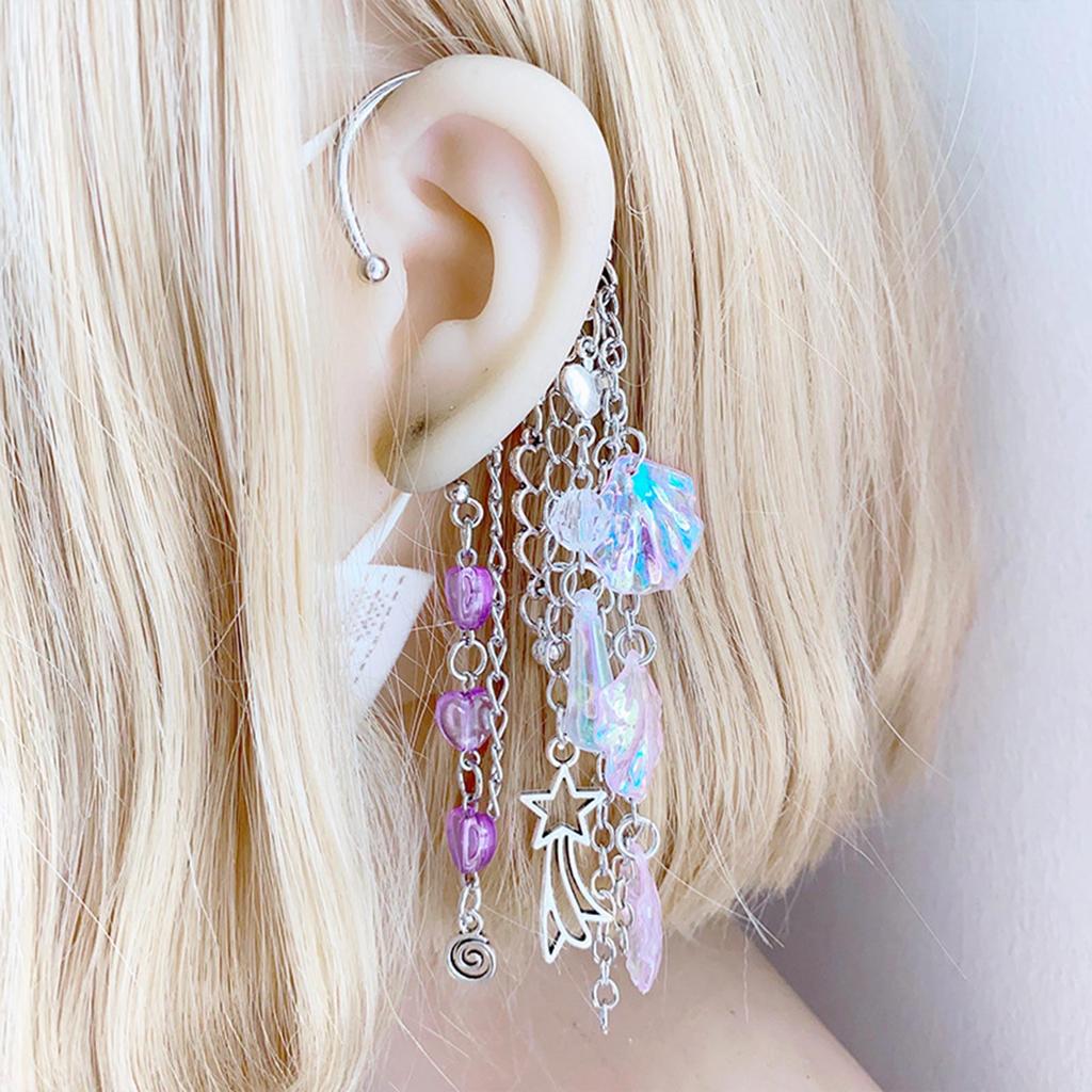 Fashionable Metal Ear Cuff with Chain Unique Ocean Shell Pendant Ear Dangle Stylish Beaded Fringes Ear Cuff Accessory