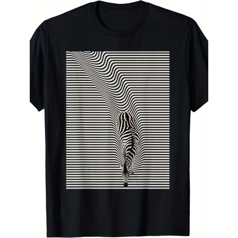 Men'S & Women'S Zebra Stripe Illusion T-Shirt - Cotton Black & White Optical Illusion Print with 3D Zebra Stripe Effect, Short Sleeve Round Neck