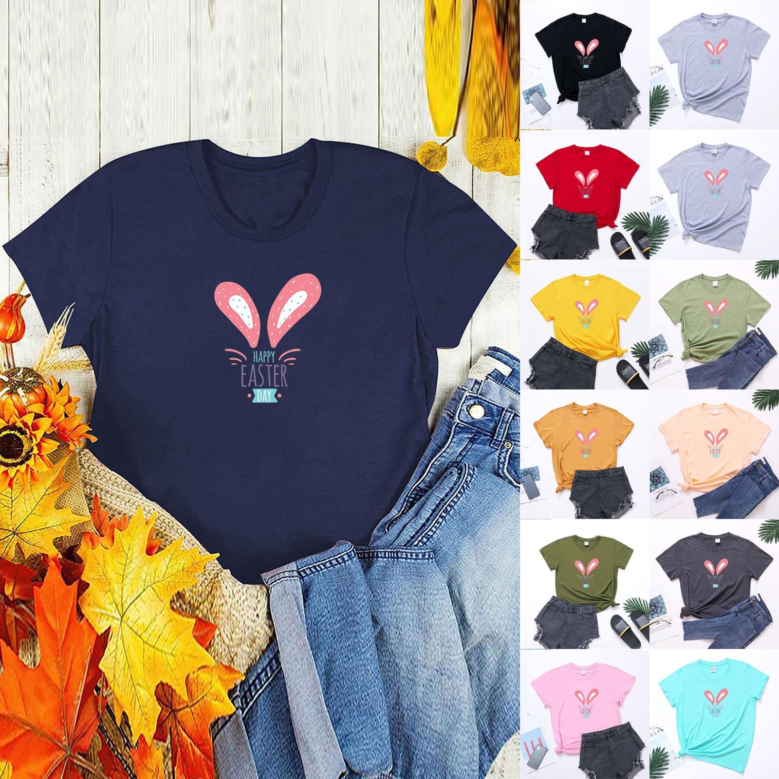 

Женская мода с принтом счастливой Пасхи, с коротким рукавом, круглым вырезом, передним плечом, летняя свободная рубашка в стиле ретро с короткими рукавами