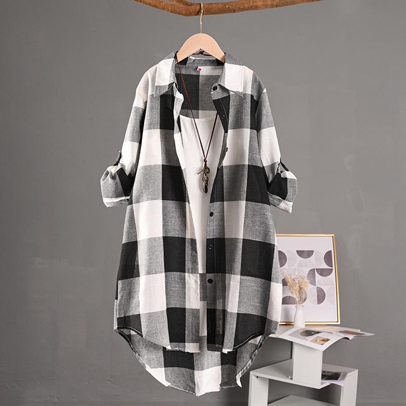 Women's Plaid Long Sleeve Sun Protection Shirt – Loose, Plus Size, Cotton Linen Jacket