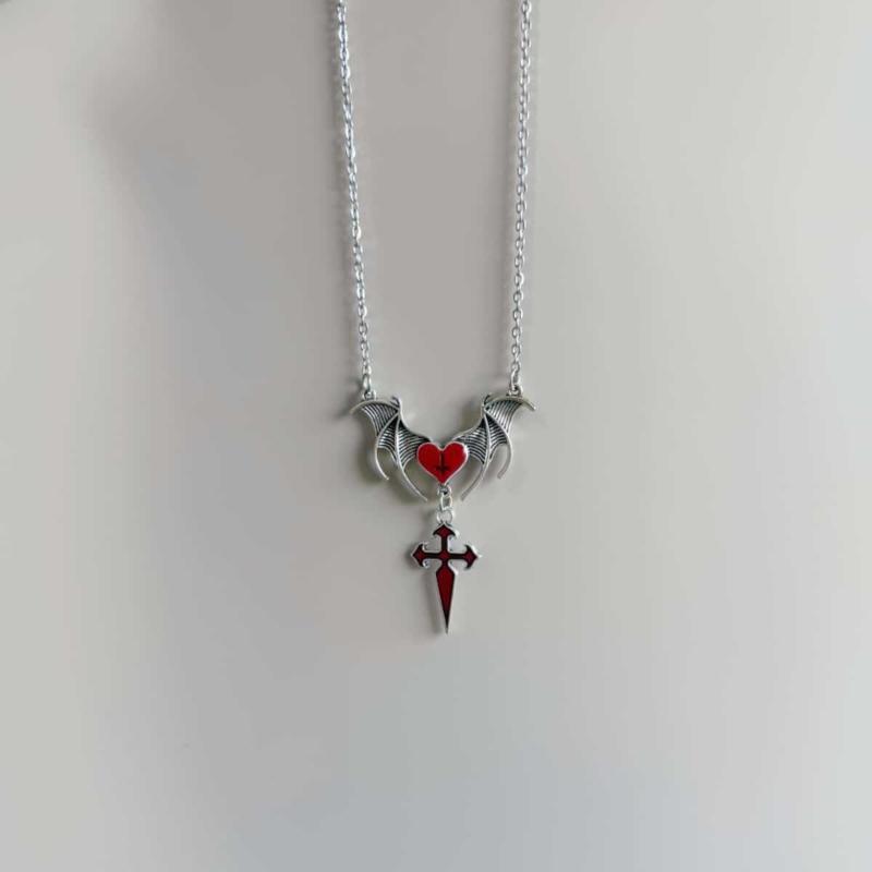 Detailed Gothic Punk Bat Wing and Heart Crosses Pendant Necklace Crafted from Alloy for Long Time Use