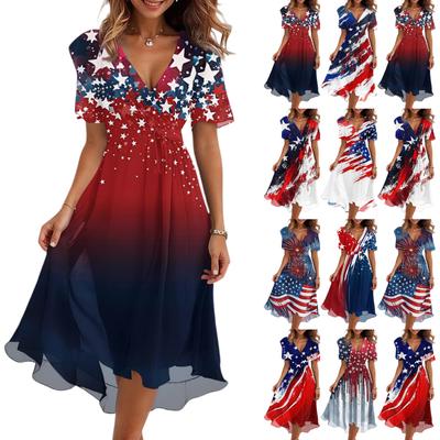 Damen Lässiges V-Ausschnitt Kurzarm Unabhängigkeitstag Print Kleid