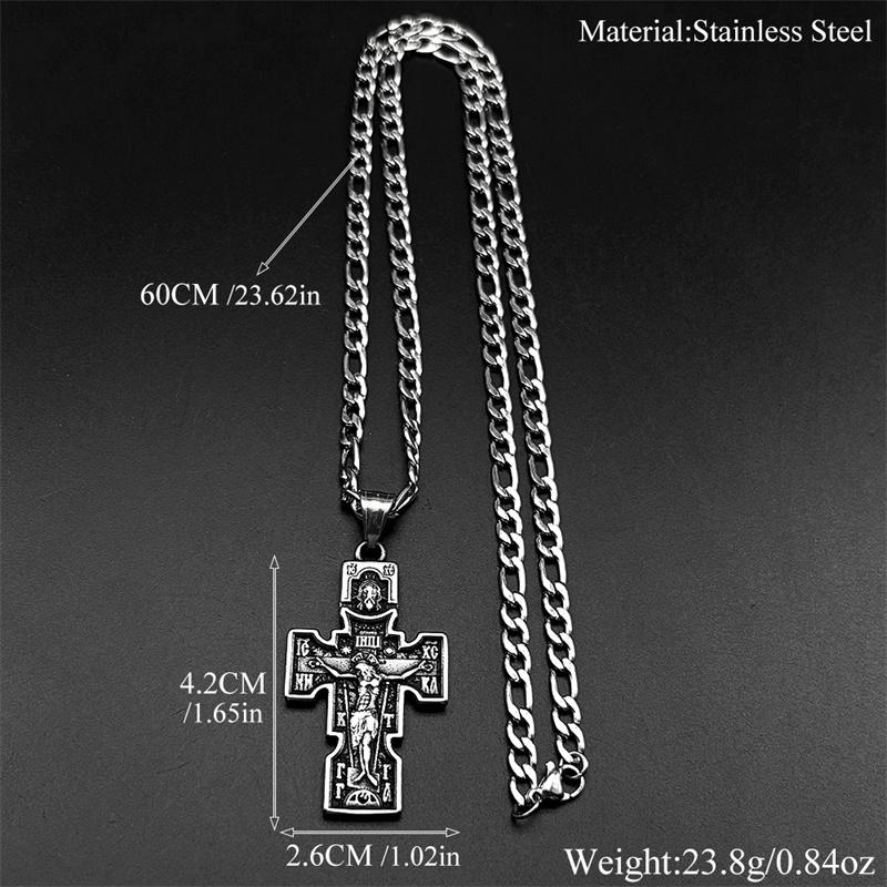 Collar Colgante Cruz Icono Ortodoxo Vintage Crucifijo de Jesús para Mujeres Hombres Cadena de Acero Inoxidable Color Plata Collares Joyería