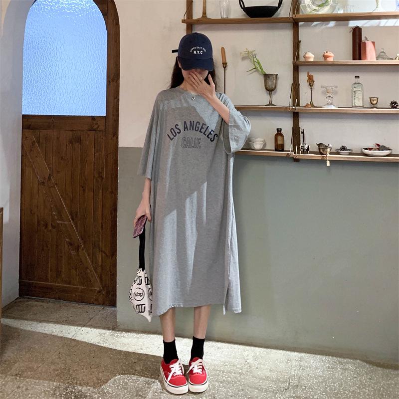 Women's Korean Style Cotton Short-Sleeve Loose Casual Plus Size Long Dress for Summer Maternity and Nightwear