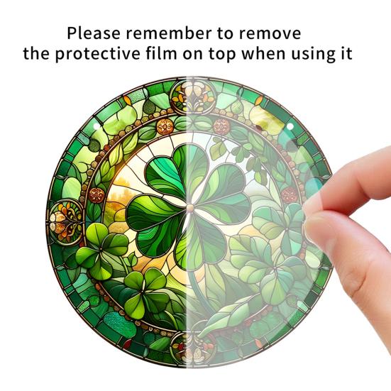 Yousheng St. Patrick's Day Acrylic Suncatcher, Green Four Leaf Clover Window Hanging Ornament, Stained Glass Style Irish Lucky Sun Catcher Decor for