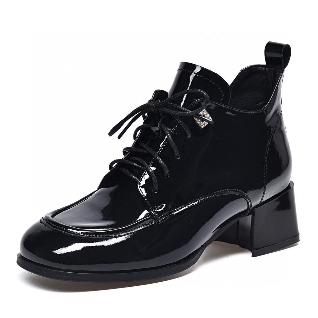 Rundkopf Bare Boots Damen neue bequeme kleine kurze Stiefel Kuhlackleder Schnürung dicker Absatz Damenstiefel tiefer Ausschnitt Modestiefel