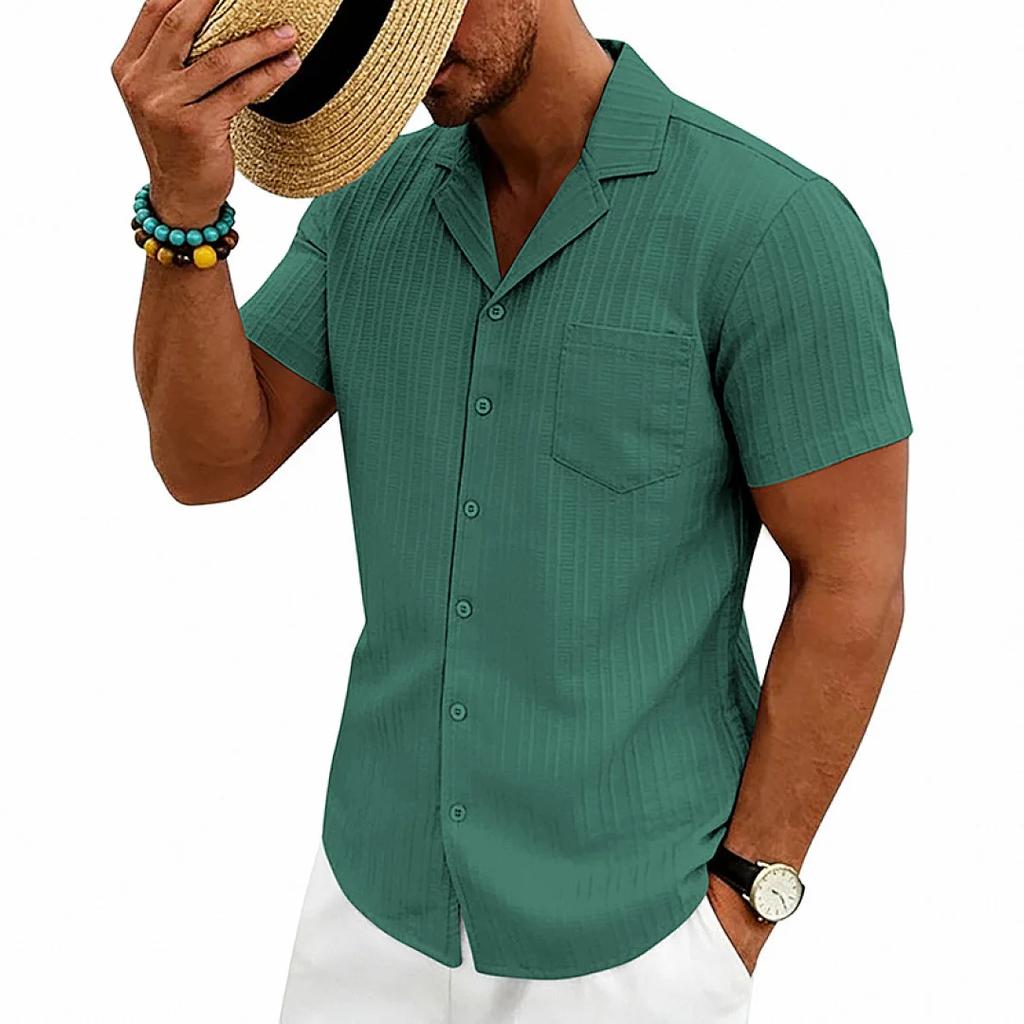 Loose Cuban Collar Short Sleeve Shirt Men's Summer Casual Solid Color Beach Shirts Men