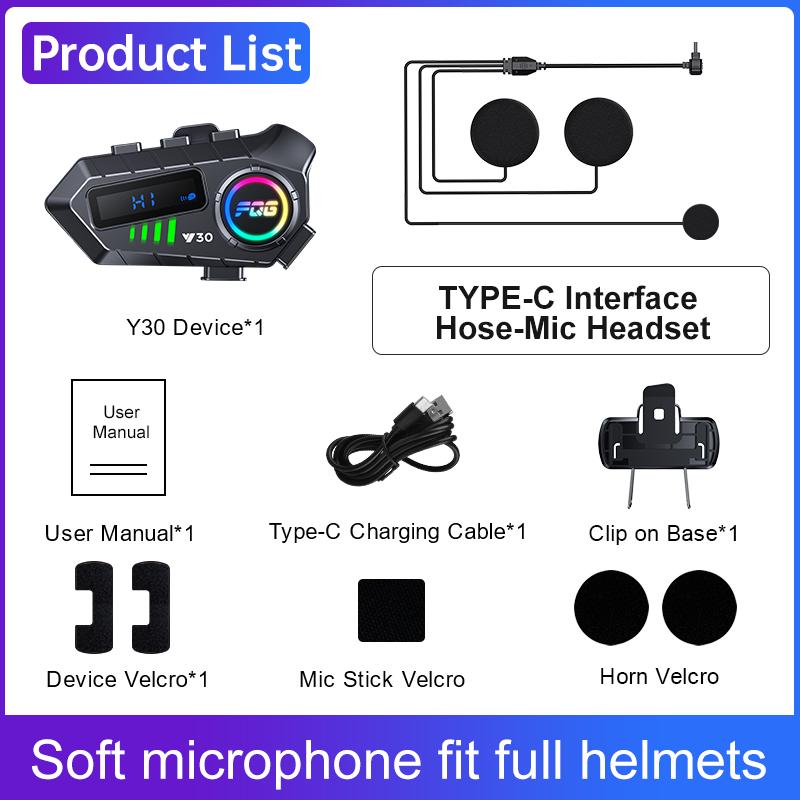 KEBIDUMEI Y30 Motorcycle Intercom Helmet Bluetooth Headset MOTO Communicator Interphone with Flashlight Handsfree Mic Headphone