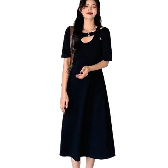Summer Spice Girl Hollow Solid Color Dress Women's Summer Dress New Fat Black Waist Simple Temperament Long Skirt