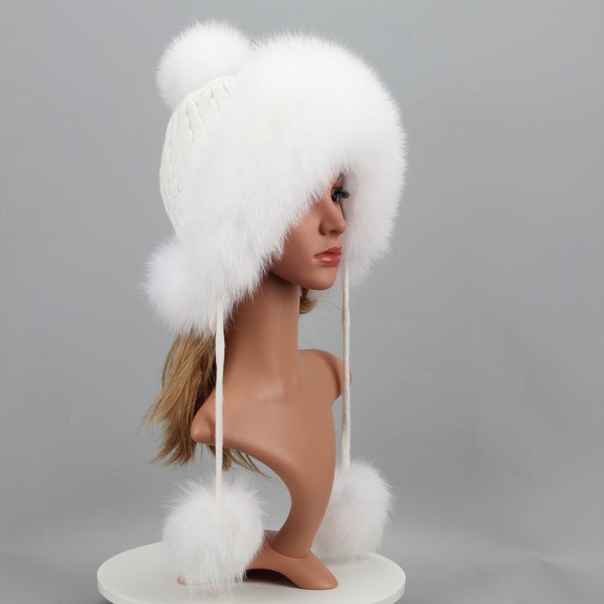 Real Fur Hat For Winter Women'S Hat Natural Fox Fur Russian Ushanka Cap Thick Warm Ears Fashion Bomber Cap Girls Fur Hat Elastic
