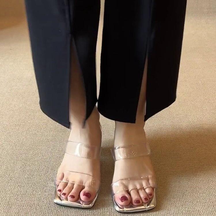Transparente High Heels 2025 Sommer neu vielseitig bequem sexy Temperament Internet-Berühmtheit Kristall-Slipper Damen Oberbekleidung Slipper