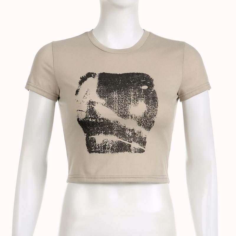 Vintage Chic Print y2k Crop Top Crewneck Slim Short Sleeve T-shirt Summer Harajuku  Streetwear y2k Retro Tees Shirt Women