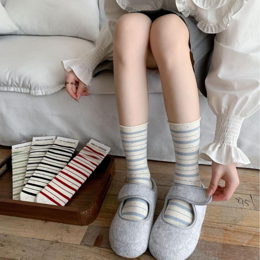 Korean Style Idea Yarn Striped Boneless Socks Mid-Leg Socks Spring And Autumn Cotton Rolled Hemmed Stacked Socks