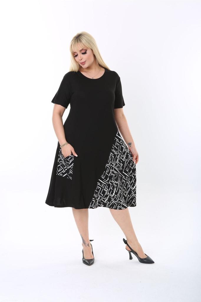 Women's Big Size Dress Cross Detailed Single Pocket Knee Length Short Sleeve Midi Length Stylish Summer Combed Cotton Dress
