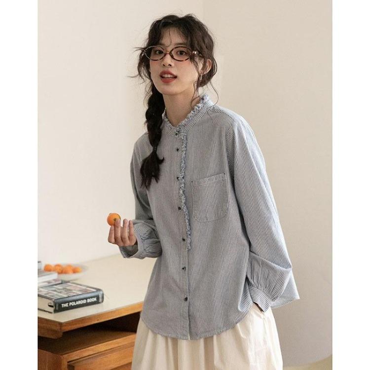 Japanese Blue Stripe Loose Long Sleeve Casual Shirt Women Top Johnature Spring