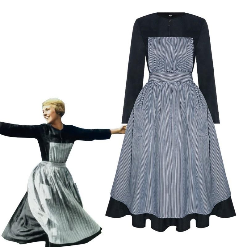 Halloween Maria Cosplay Costume Black White Striped Apron Dress Sound Of Music Nun Outfit Party Performance