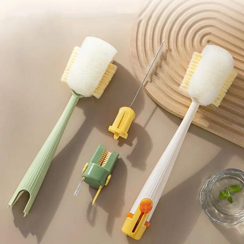 Multi purpose five in one cup cleaning tool with long handle and 360 degree rotation for baby bottle cleaning brush