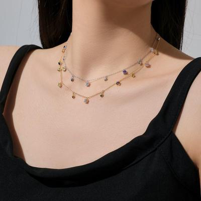 Korean S925 Sterling Silver Macaron Necklace for Women - Sweet Colorful Zirconia Square Clavicle Chain