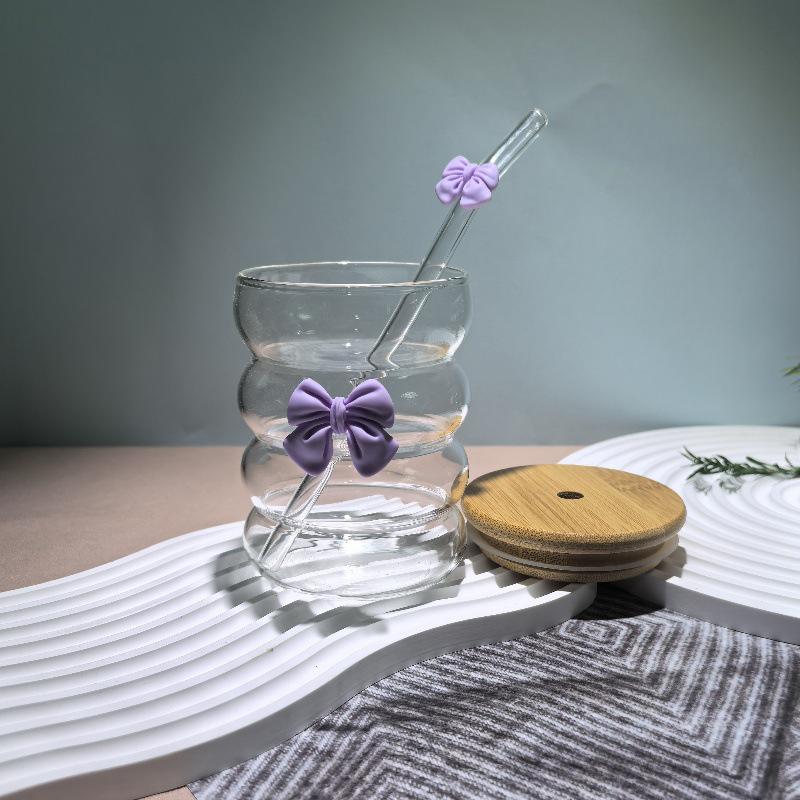 Sløyfe Glass Søt Vannkopp Tegneserie Sløyfe Glasskopp Stripete Søt Doodle Kaffekopp Husholdning Fruktte Sitronade Jentegave