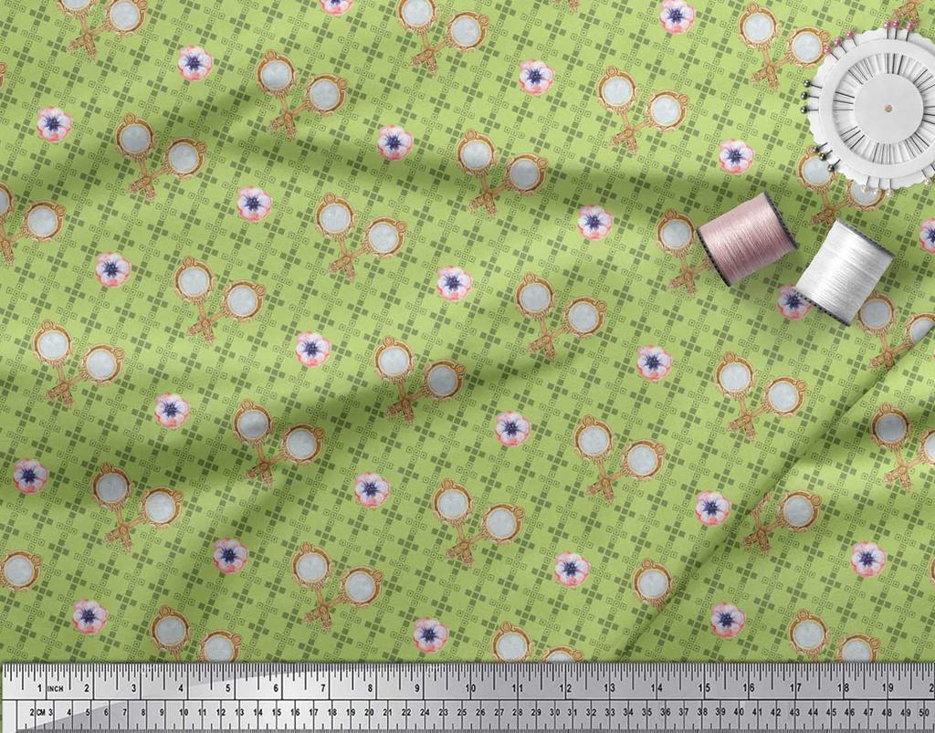 Soimoi Green Japan Crepe Satin Fabric Geometric,Anemone & Hand Mirror Vintage Fabric Prints By Metre 42 Inch