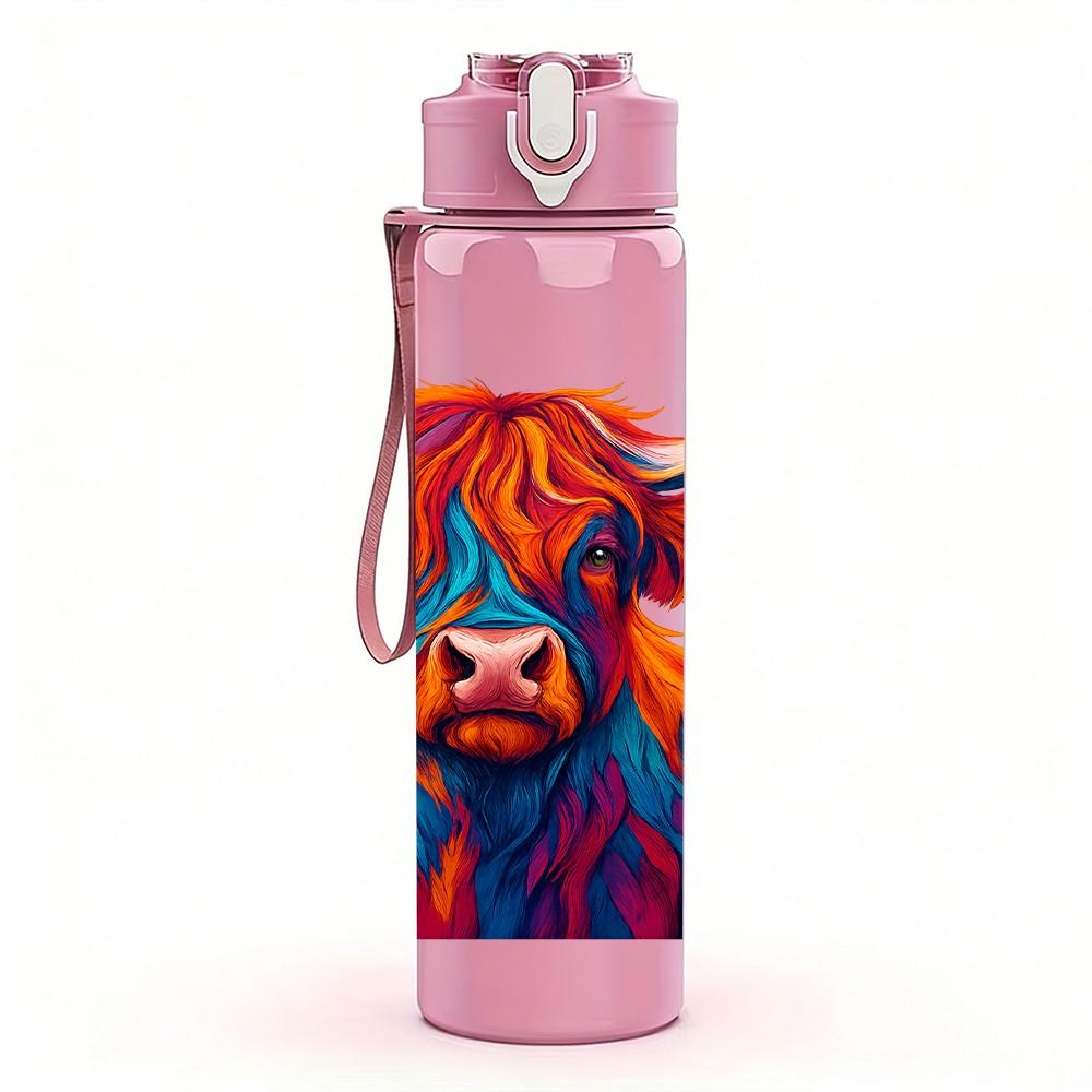 1PC Highland Cow Art Design 750ml Color Plastic Sports Water Bottle Leakproof Flip Straw Lid Suitable for Sports Office Home Use
