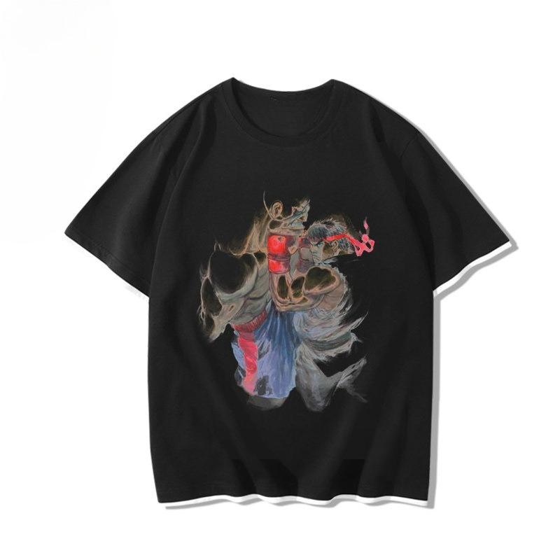 Men Ryu Ramen Noodle Print T Shirt Street Fighter Retro Japanese Anime Fighting Game Cotton Short Sleeve Casual Streetwear Tops