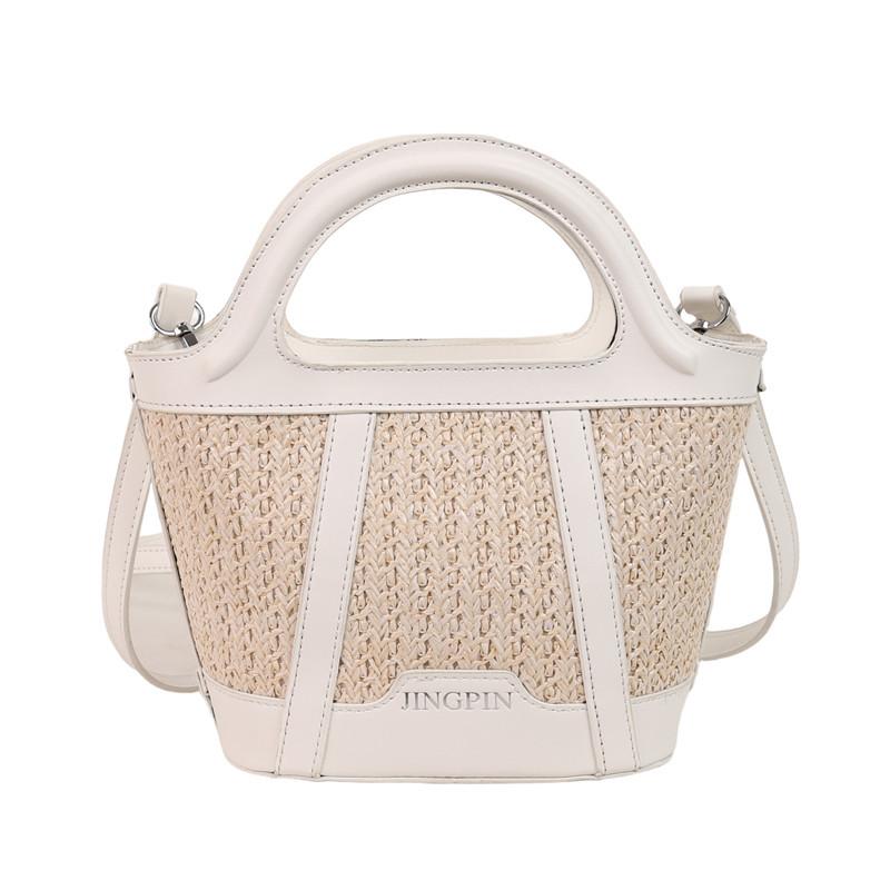 Casual fashion portable bucket bag women's summer new straw shoulder bag texture splicing messenger bag
