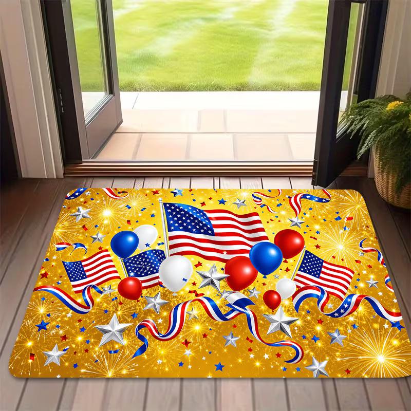 1pc, 2D Flat Printing, Golden Fireworks American Flag Balloon Star Indoor Mat, Non-Slip Machine Washable Easy Clean Polyester Carpet, Suitable for Hom