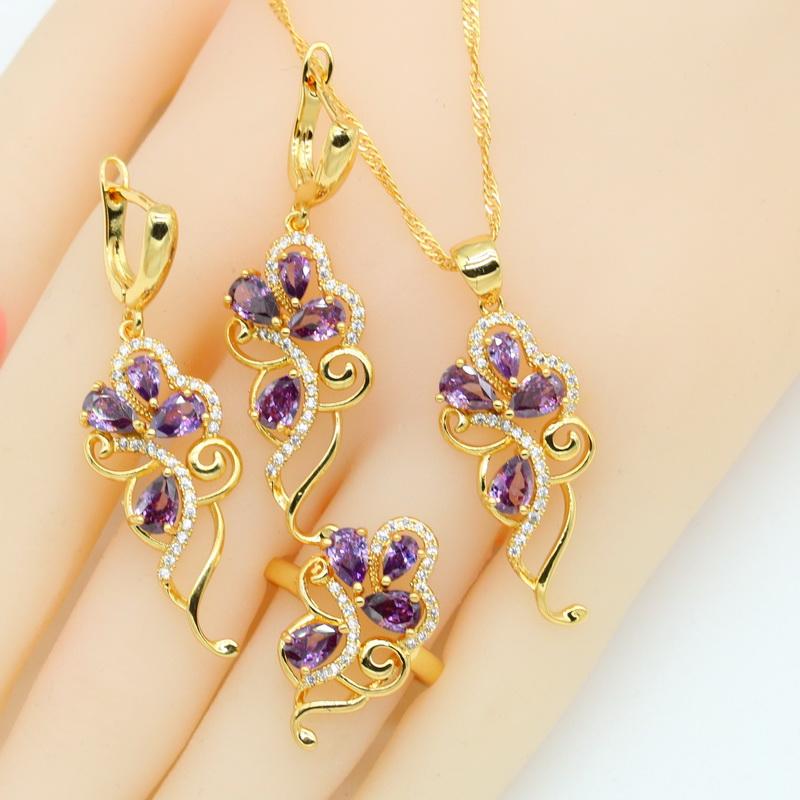 Set di gioielli in zirconia viola color oro per donna Orecchini Collana Ciondolo Anelli Scatola Regalo Colori Nero Bianco Blu