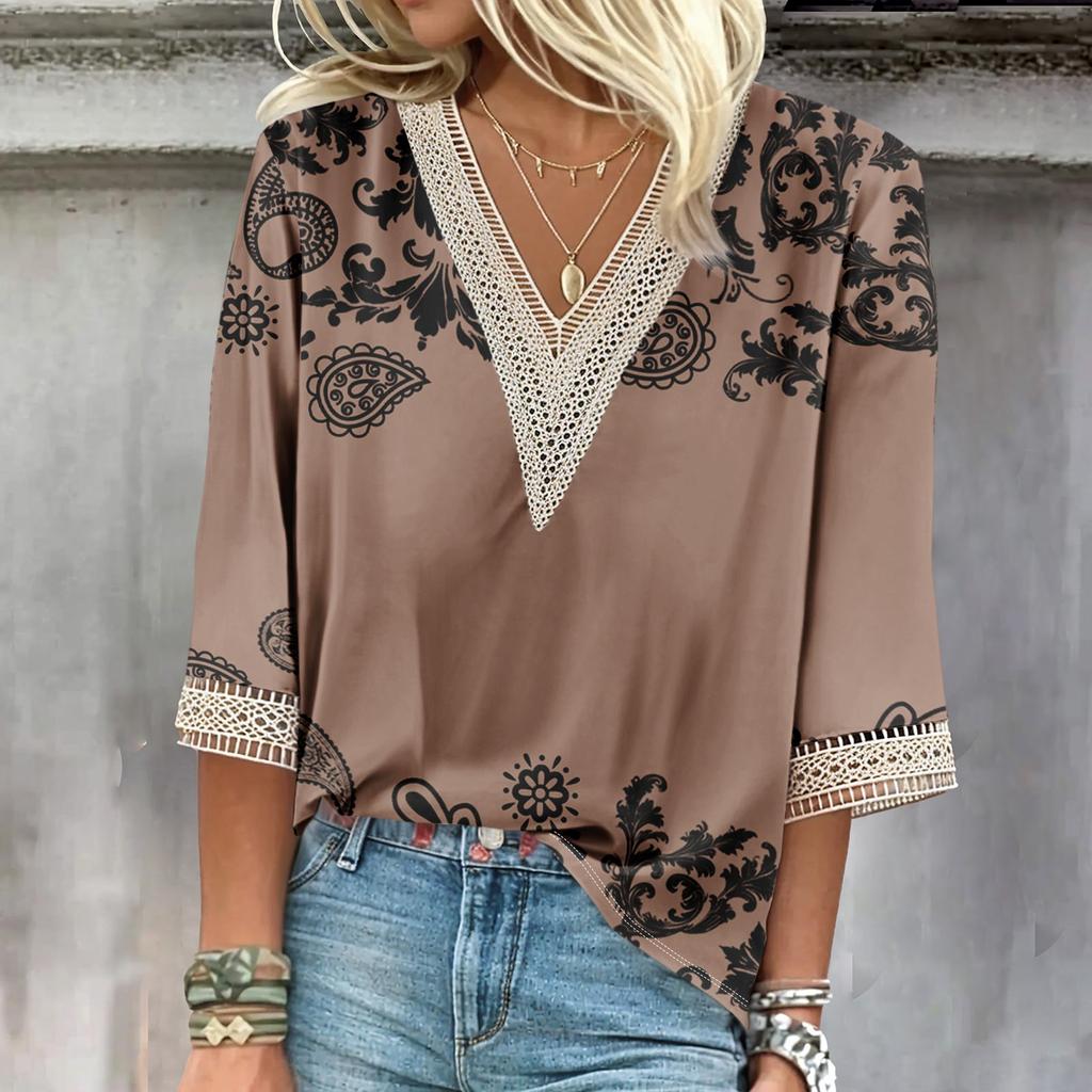 Damen Hemdbluse, lässig, lockere Hemden, 3/4-Ärmel, Spitzendruck, V-Ausschnitt, Oberteile, bedruckte Oberteile, T-Shirts, Tee