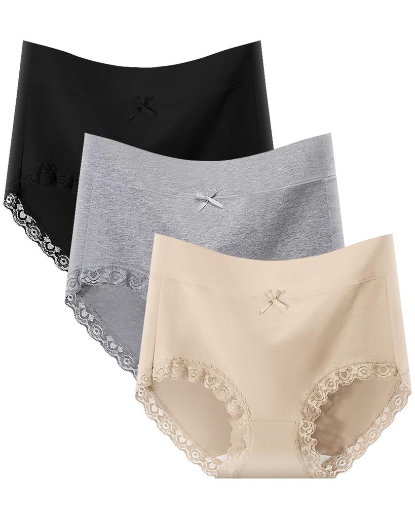 Kiatt Cotton Soft and Comfortable Lace Breathable and 3 XL Women's Deep-Fit Panties, Comfortable, Underwear, Breathable, High-Waisted, 3-Piece Set,