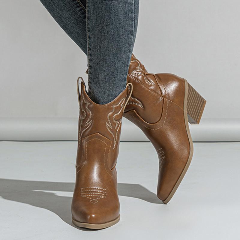 Cowboy-Stiefeletten im Western-Stil für Damen Stickerei Leder Spitzschuh Herbst Winter Niedrige Dicke Absätze Schuhe Schwarz Braun