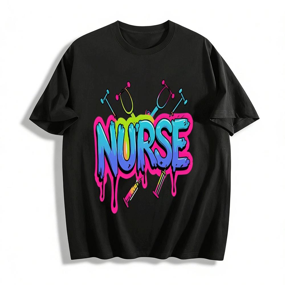 

Graffiti Style Nurse Print T-Shirt Trendy Casual Top For Medical Staff Pure cotton T-shirt XXS