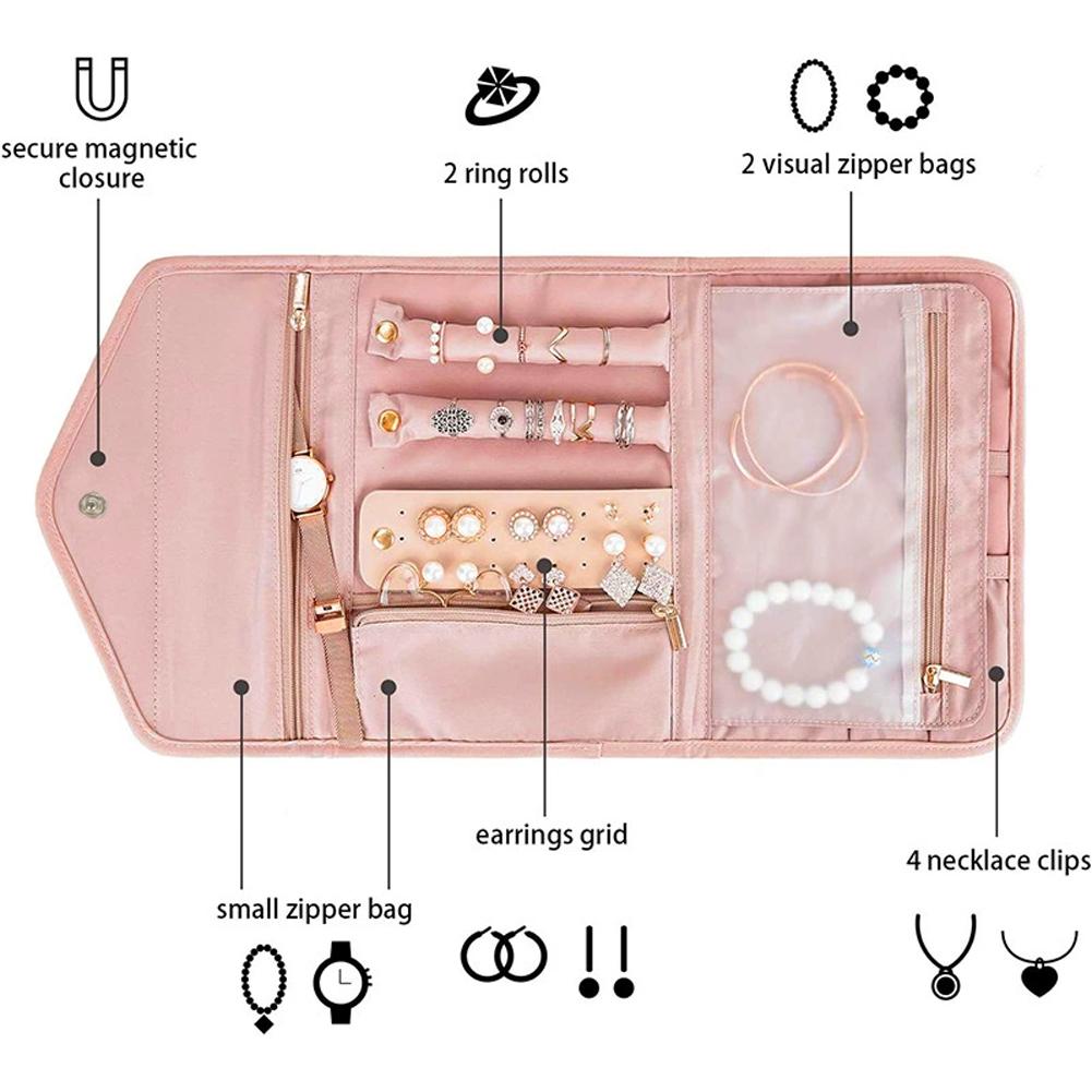 Foldable Travel Jewelry Bag Portable Necklace Earrings Rings Case Organizer Jewelry Storage Bag For Girls Journey Essentials