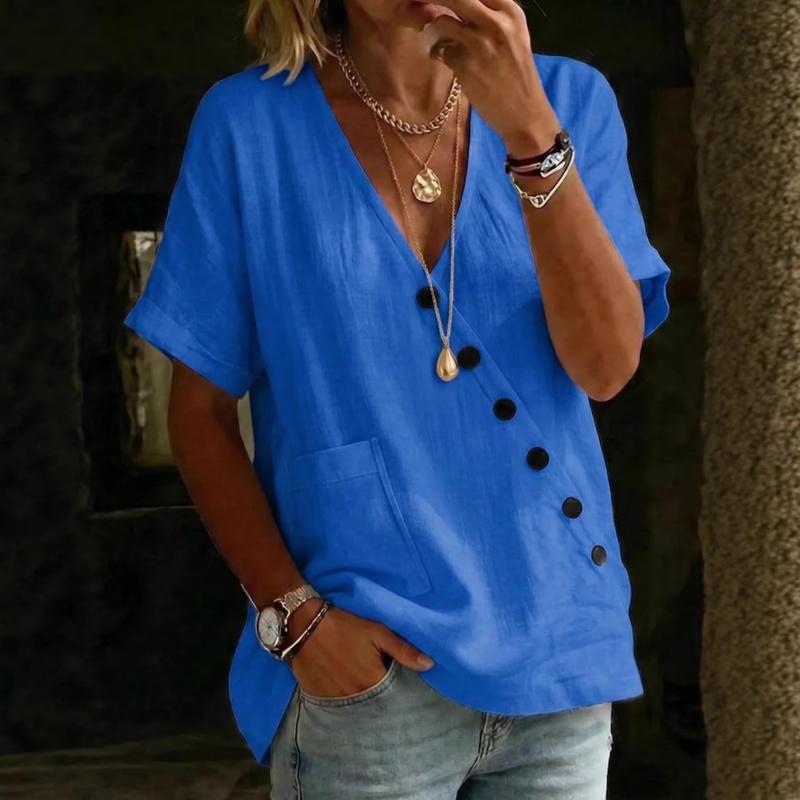 2026 Women's Shirt Top V-neck Solid Color Casual Comfortable Buttoned Cotton Linen Shirt