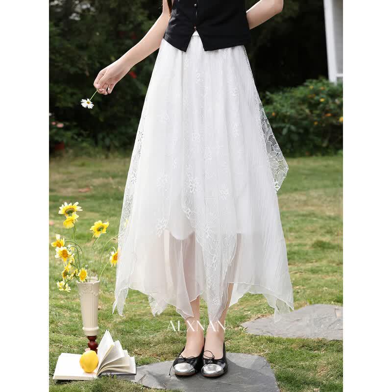 Women s White Lace Mesh A-Line Midi Skirt M