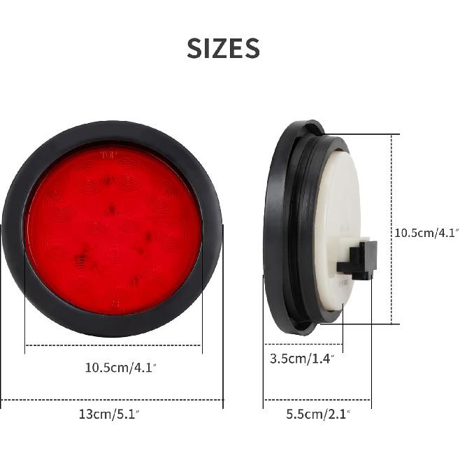 2PCS 4" Round Red LED Trailer Tail Lights - 12 Diodes 3-In-1 Stop/Brake/Turn Lights W/Surface Mount Grommets & 3-Prong Pigtails For Truck Trailer RV