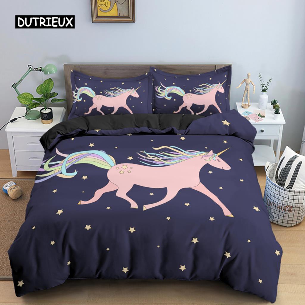 Unicorn Duvet Cover Set Cartoon Animal Bedding Set Single Twin King For Kids Girls Polyester Romantic Theme Star Comforter Cover