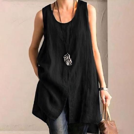 Women Tops Sleeveless Round Neck Front Slit Design T-Shirt Pure Color Loose Fit Summer Casual Camisole Vacation Office Date Wear