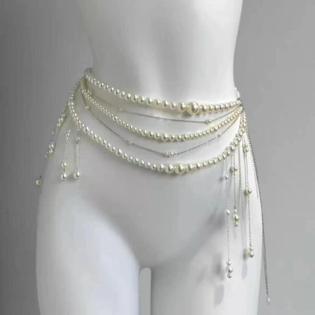 Elegant Multi-Layer Pearl & Tassel Waist Chain with Floral Accents for Women