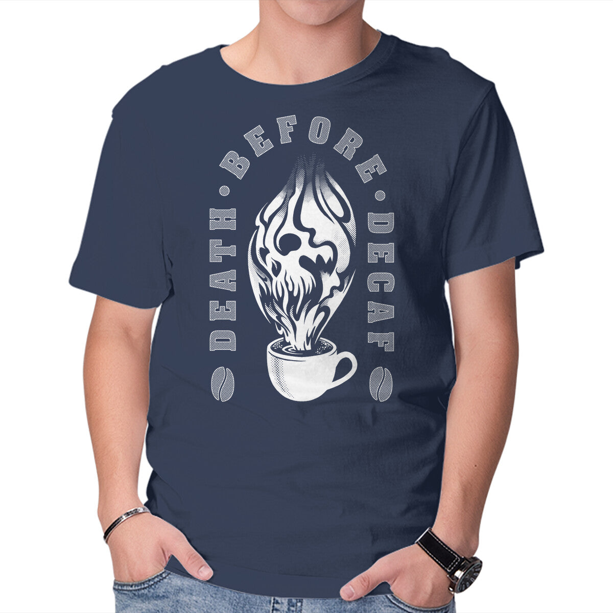 Unisex Crew Neck T-Shirt Death Before Decaf Graphic Short Sleeve Casual Tee M