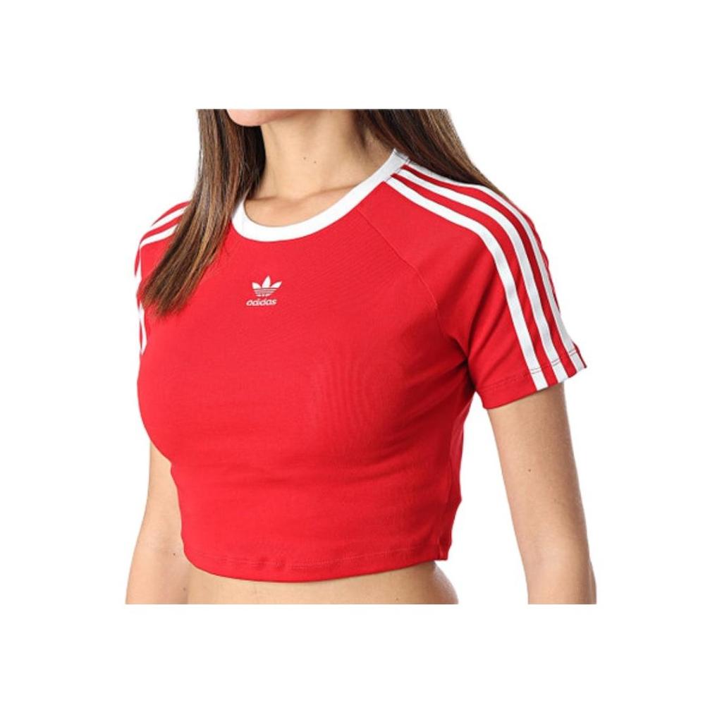adidas Originals Round Neck Pullover Letter Logo Striped Short Sleeve T-Shirt Women Tops Red IP0665