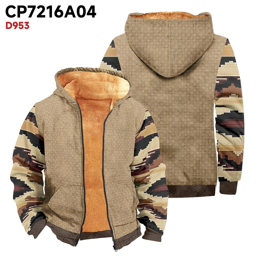 Men's Print Long Sleeve Pocket Coat Fashion Plus Velvet Overcoat