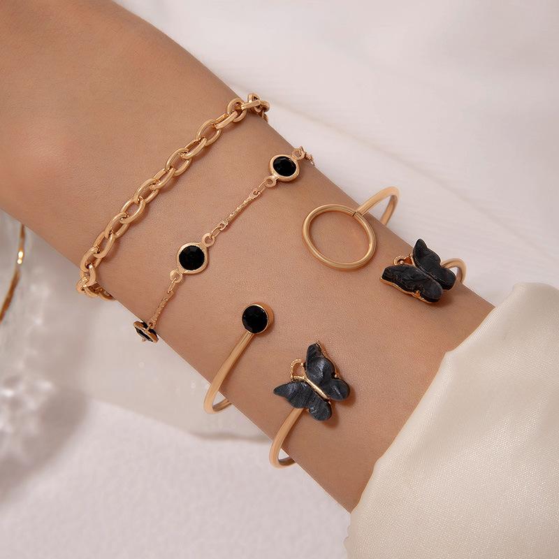 Accessories, Butterfly Imitation Gemstone Hollow Four-layer Bracelet, Geometric Opening Four-piece Bracelet Set